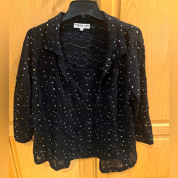 Andria Lieu Two Piece Blouse Tank Set Black Lace With Multicolor Polka Dots XL - Picture 2 of 6